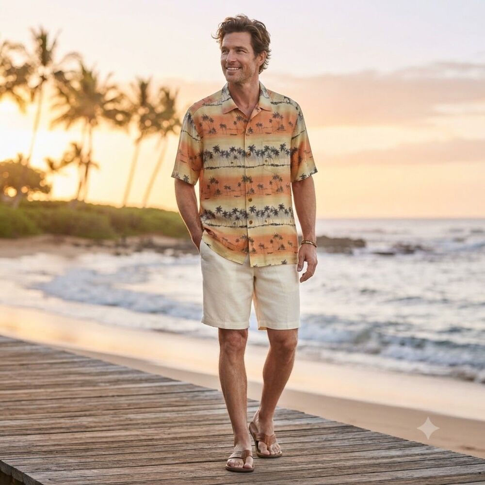 Tommy Bahama Ko Olina Silk Hawaiian Shirt L Orange Sunset Palm Beach Camp Shirt
